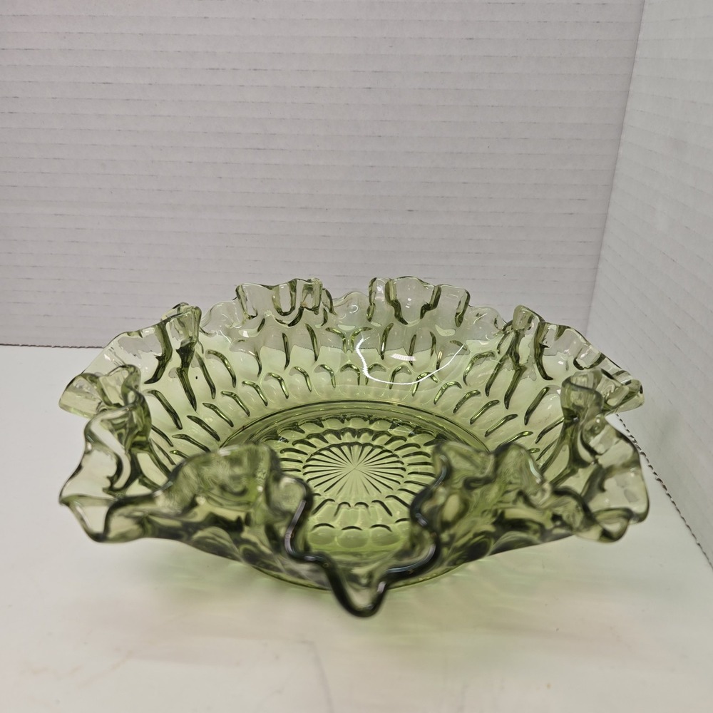 Vintage Fenton Glass Candy Dish Bowl Base Avocado Thumbprint Ruffle‎ Rim 8"